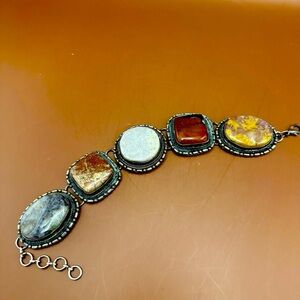 Vintage Silver Tone Bezel Set Stones Bracelet Boho Hippie Bohemian Chunky